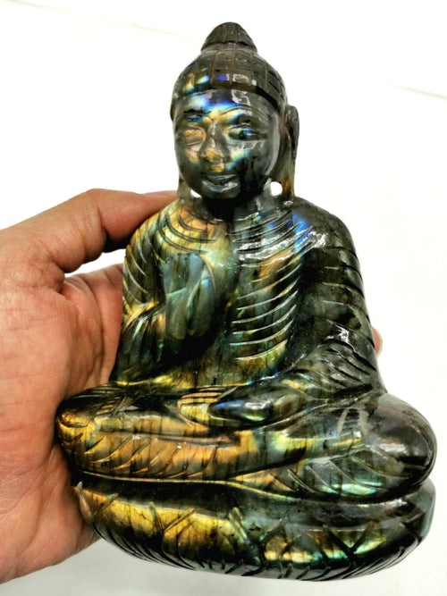 Labradorite Buddha - handmade carving of serene and meditating Lord Buddha - crystal/reiki/healing - 6 inches and 900 gms (2 lb) buddha