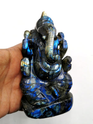 Labradorite Handmade Carving of Ganesh with blue flash - Lord Ganesha Idol | Figurine in Crystals and Gemstones -5 inch and 570 gms (1.25lb)