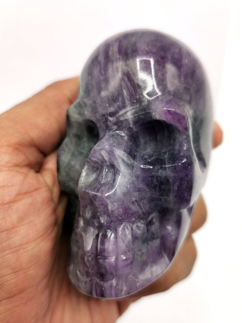 Hand carved skull in natural purple fluorite stone - reiki/chakra/healing - crystal crafts - weight 334 gm (0.74 lb) and 2 inches
