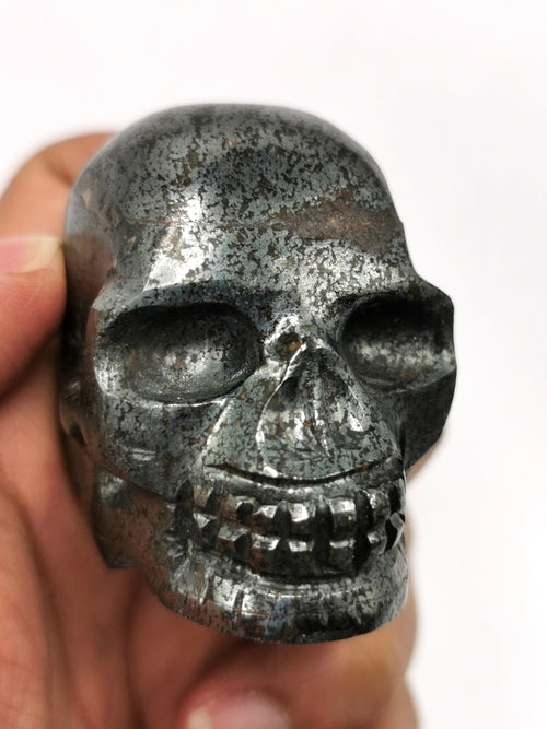 Hand carved skull in natural pyrite stone - reiki/chakra/healing - crystal crafts - weight 180 gm (0.40 lb) and 2 inches