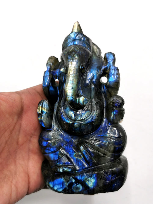 Labradorite Handmade Carving of Ganesh with blue flash - Lord Ganesha Idol | Figurine in Crystals and Gemstones -5 inch and 570 gms (1.25lb)