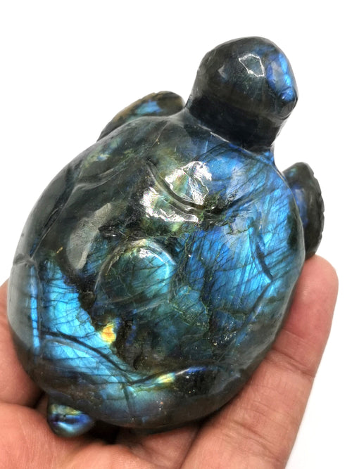 Hand carved tortoise carving in natural labradorite stone with blue flash - reiki/chakra/healing/crystal - 3 inch and 170 gm (0.37 lb) animal
