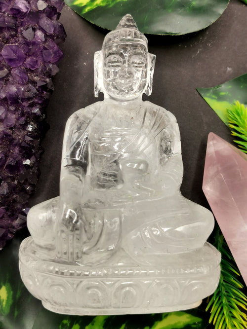 Clear Quartz/Clear Crystal Buddha - handmade carving of serene and meditating Lord Buddha - crystal/reiki/healing - 4 inches and 370 gms