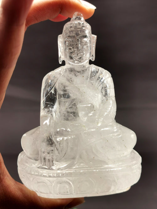 Clear Quartz/Clear Crystal Buddha - handmade carving of serene and meditating Lord Buddha - crystal/reiki/healing - 4 inches and 370 gms