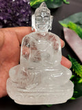 Clear Quartz/Clear Crystal Buddha - handmade carving of serene and meditating Lord Buddha - crystal/reiki/healing - 4 inches and 370 gms