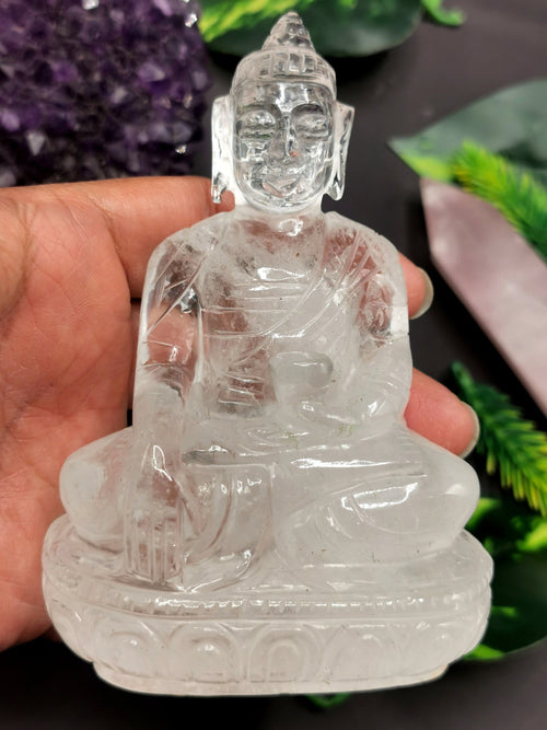 Clear Quartz/Clear Crystal Buddha - handmade carving of serene and meditating Lord Buddha - crystal/reiki/healing - 4 inches and 370 gms