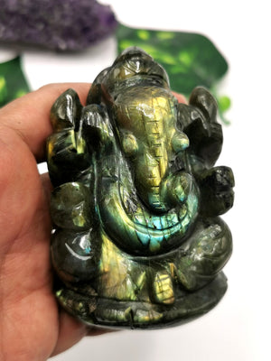 Labradorite Handmade Carving of Ganesh with blue flash - Lord Ganesha Idol | Figurine in Crystals and Gemstones - 3.5 inches and  275 gms