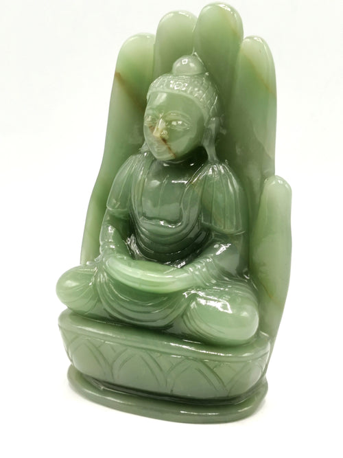 Green Aventurine Buddha on hand - handmade carving of serene and meditating Lord Buddha - crystal/reiki/healing - 6.5 in and 1.1 kg (2.4 lb)