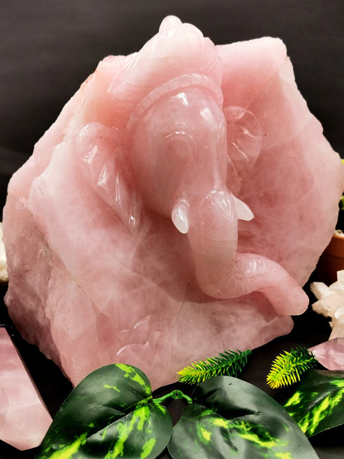 Rose Quartz Handmade Carving of Ganesh on a slab - Lord Ganesha Idol| Statue in Crystals -Reiki/Chakra/Healing - 9 inch & 8.9 kg (19.6 lb)
