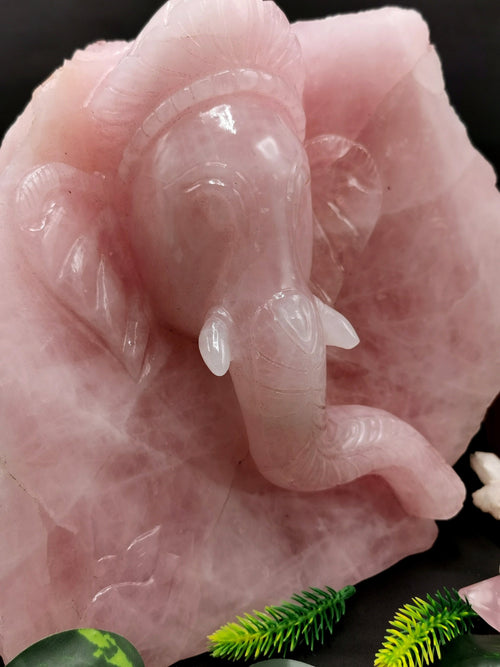Rose Quartz Handmade Carving of Ganesh on a slab - Lord Ganesha Idol| Statue in Crystals -Reiki/Chakra/Healing - 9 inch & 8.9 kg (19.6 lb)