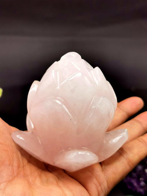 Beautiful rose quartz hand carved lotus flower carving - crystal/gemstone carvings - 3 inch and 350 gms (0.77 lb) - ONE PIECE ONLY
