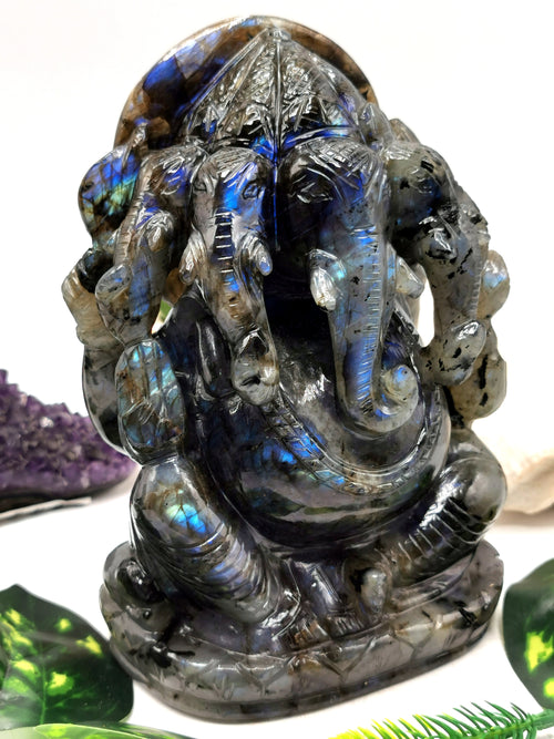 Labradorite Handmade Carving of Panchmukhi Ganesh - Lord Ganesha Idol | Sculpture | Murti - Reiki/Chakra/Healing - 7 inches and 2.4 kg