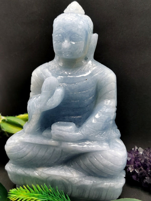 Blue Calcite Buddha - handmade carving of serene and meditating Lord Buddha - crystal/reiki/healing - 6.5 inches and 1.16 kg (2.55 lb)