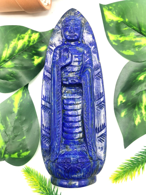 Lapis Lazuli Buddha - handmade carving of serene and standing Lord Buddha - crystal/reiki/healing - 6.5 inches and 390 gms (0.86 lb)