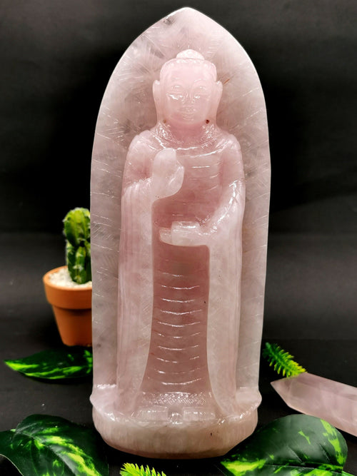 Rose Quartz Buddha - rare handmade carving of standing and meditating Lord Buddha - crystal/reiki/healing - 10.5 inches and 1.87 kg (4.1 lb)