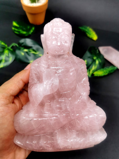 Rose Quartz Buddha - handmade carving of serene and meditating Lord Buddha - crystal/reiki/healing - 6 inches and 0.95 kg (2.10 lb)
