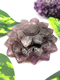 Beautiful amethyst hand carved zinnia flower carving - crystal/gemstone carvings - 2.7 inch and 120 gms (0.26 lb) - ONE PIECE ONLY