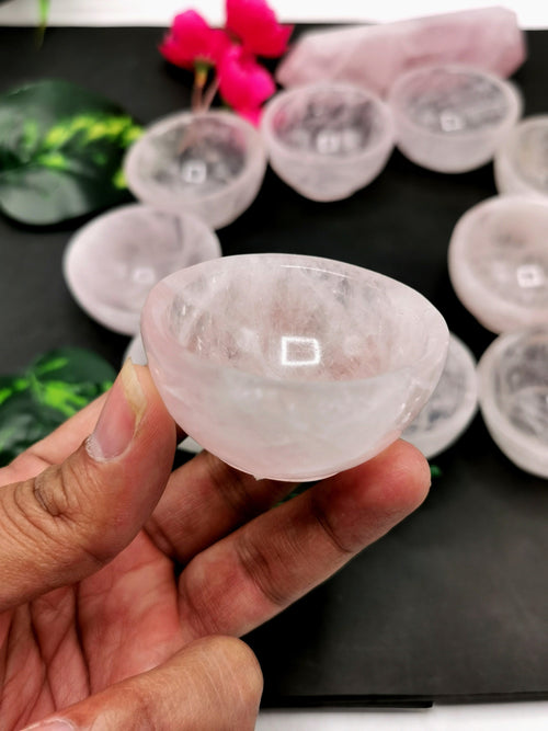 Set of 7 beautiful Rose Quartz hand carved round bowls - 2 inches diameter and total weight 400 gms (0.9 lb) - SEVEN BOWLS