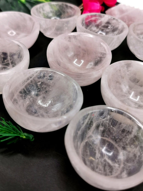 Set of 7 beautiful Rose Quartz hand carved round bowls - 2 inches diameter and total weight 400 gms (0.9 lb) - SEVEN BOWLS