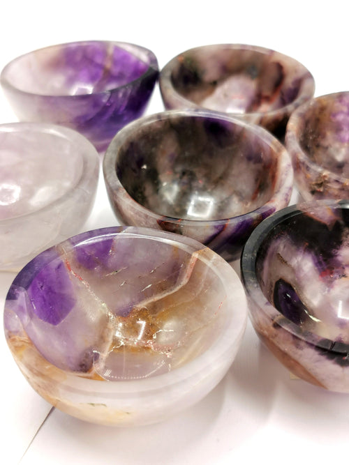 Set of 4 beautiful Amethyst hand carved round bowls - 2 inches diameter and total weight 225 gms (0.49 lb) - FIVE BOWLS