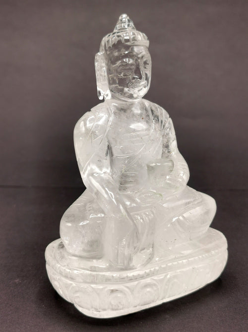 Clear Quartz/Clear Crystal Buddha - handmade carving of serene and meditating Lord Buddha - crystal/reiki/healing - 4 inches and 370 gms