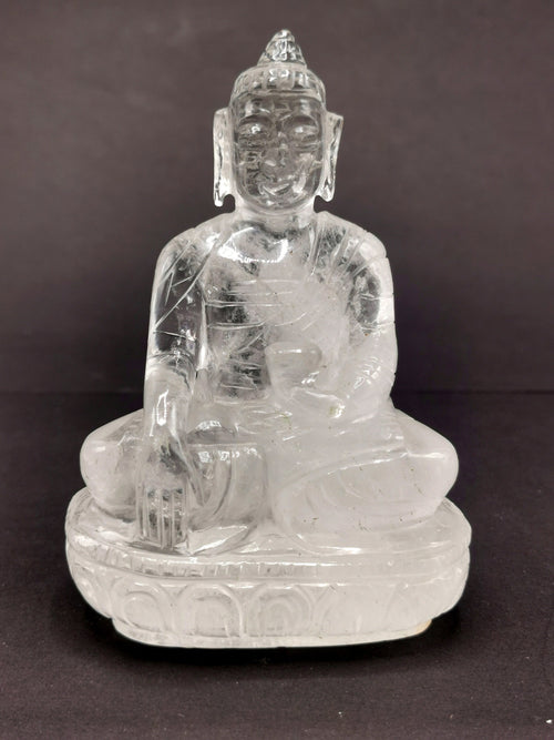 Clear Quartz/Clear Crystal Buddha - handmade carving of serene and meditating Lord Buddha - crystal/reiki/healing - 4 inches and 370 gms