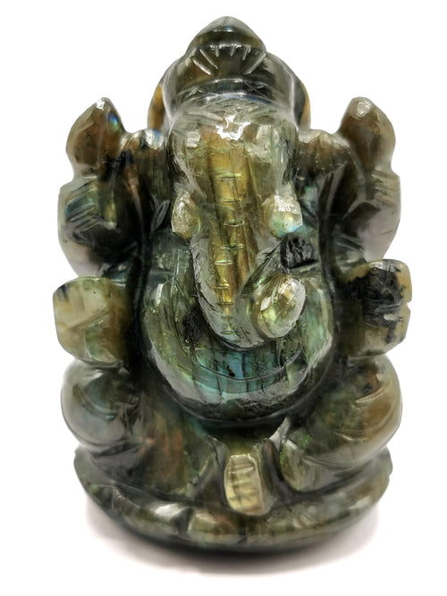 Labradorite Handmade Carving of Ganesh with blue flash - Lord Ganesha Idol | Figurine in Crystals and Gemstones - 3.5 inches and  275 gms