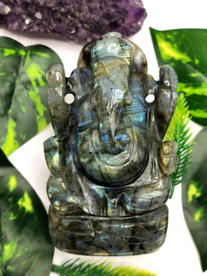 Labradorite Handmade Carving of Ganesh with blue flash - Lord Ganesha Idol | Figurine in Crystals and Gemstones - 4 inches and 486 gms