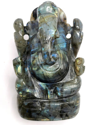 Labradorite Handmade Carving of Ganesh with blue flash - Lord Ganesha Idol | Figurine in Crystals and Gemstones - 4 inches and 486 gms