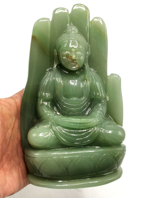 Green Aventurine Buddha on hand - handmade carving of serene and meditating Lord Buddha - crystal/reiki/healing - 6.5 in and 1.1 kg (2.4 lb)