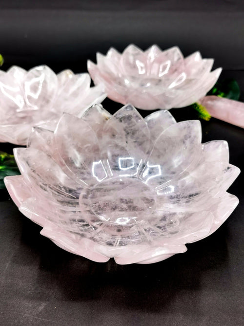 Beautiful rose quartz hand carved lotus bowls - 7 inches diameter and 600 gms (1.3 lb) - ONE BOWL ONLY