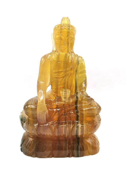 Yellow Fluorite Buddha - handmade carving of serene and meditating Lord Buddha - crystal/reiki/healing - 3.8 inches and 230 gms (0.51 lb)