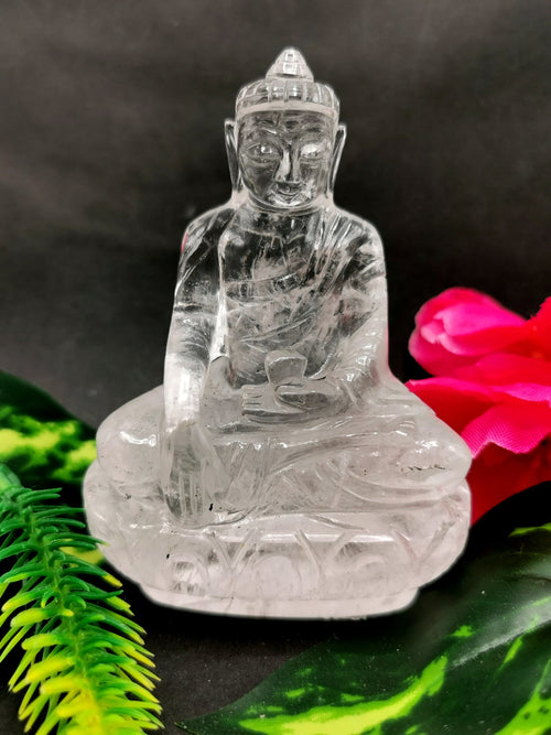 Clear Quartz/Clear Crystal Buddha - handmade carving of serene and meditating Lord Buddha - crystal/reiki/healing - 3 inches and 140 gms
