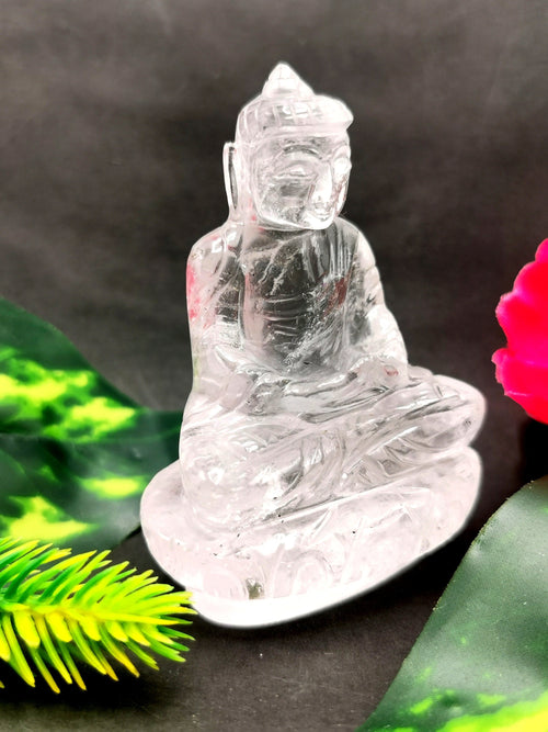 Clear Quartz/Clear Crystal Buddha - handmade carving of serene and meditating Lord Buddha - crystal/reiki/healing - 2.5 inches and 82 gms