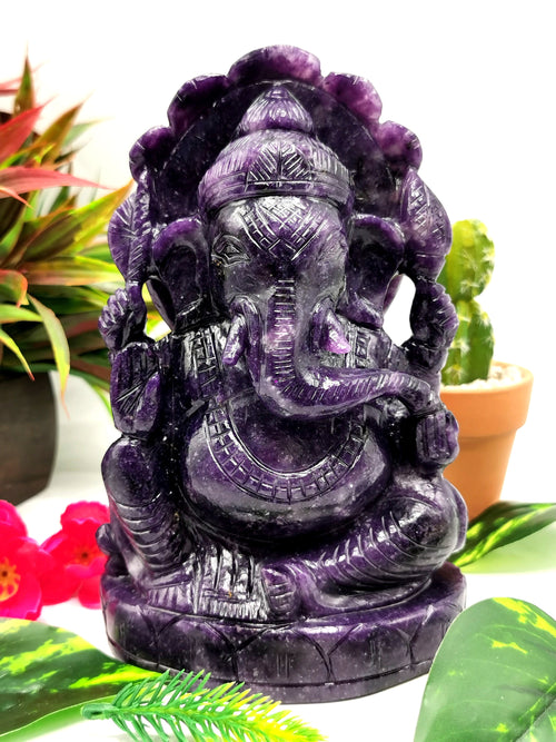 Lepidolite Handmade Carving of Ganesh - Lord Ganesha Idol in Crystals and Gemstones - Reiki/Chakra/Healing - 7.5 inch and 1.54 kg (3.09 lb)