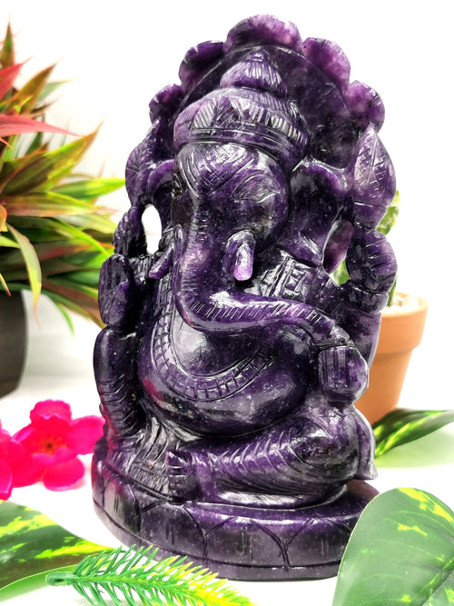 Lepidolite Handmade Carving of Ganesh - Lord Ganesha Idol in Crystals and Gemstones - Reiki/Chakra/Healing - 7.5 inch and 1.54 kg (3.09 lb)