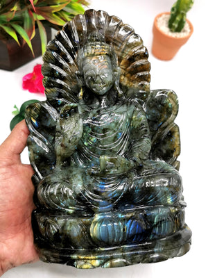 Labradorite Buddha - rare handmade carving of meditating Lord Buddha on a throne - crystal/reiki/healing - 8.5 inches and 2.03 kg (4.47 lb)