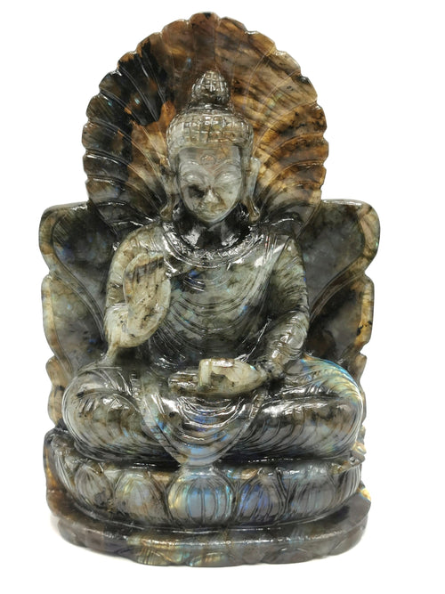Labradorite Buddha - rare handmade carving of meditating Lord Buddha on a throne - crystal/reiki/healing - 8.5 inches and 2.03 kg (4.47 lb)