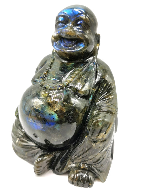 Labradorite Laughing Buddha - handmade carving of serene and smiling Buddha or Hotei - crystal/reiki/healing - 5 inch and 1.24 kg (2.73 lb)