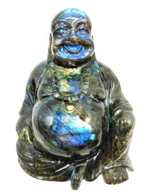 Labradorite Laughing Buddha - handmade carving of serene and smiling Buddha or Hotei - crystal/reiki/healing - 5 inch and 1.24 kg (2.73 lb)