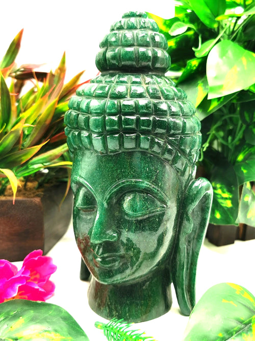 Dark Green Aventurine Buddha Head - handmade carving of serene and meditating Lord Buddha - crystal/reiki - 8 inches and 2.09 kgs (4.60 lb)