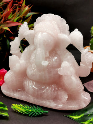 Ganesh Carving Handmade in Rose Quartz -Lord Ganesha Idol |Sculpture in Crystals and Gemstones -Reiki/Chakra/Healing - 6.4 in and 1.92 kg