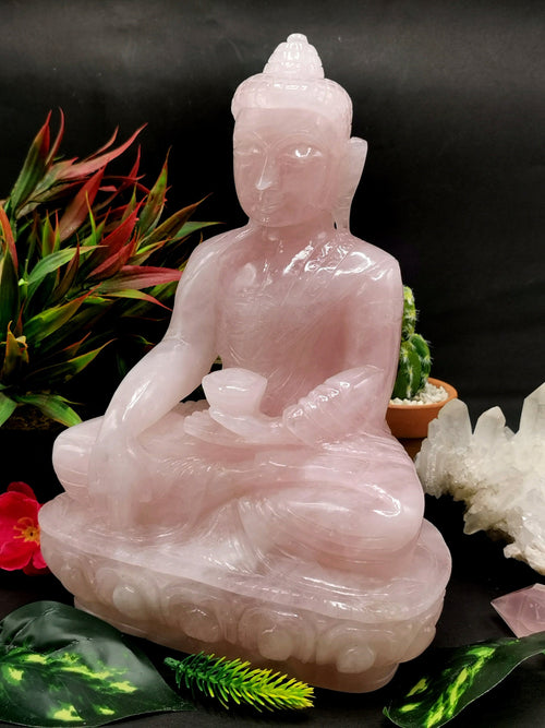 Rose Quartz Buddha - handmade carving of serene and meditating Lord Buddha - crystal/reiki/healing - 10 inches and 4.07 kg (8.95 lb)