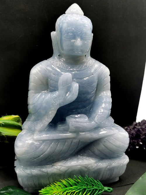 Blue Calcite Buddha - handmade carving of serene and meditating Lord Buddha - crystal/reiki/healing - 6.5 inches and 1.16 kg (2.55 lb)