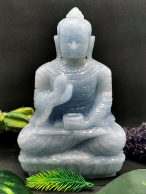 Blue Calcite Buddha - handmade carving of serene and meditating Lord Buddha - crystal/reiki/healing - 6.5 inches and 1.16 kg (2.55 lb)