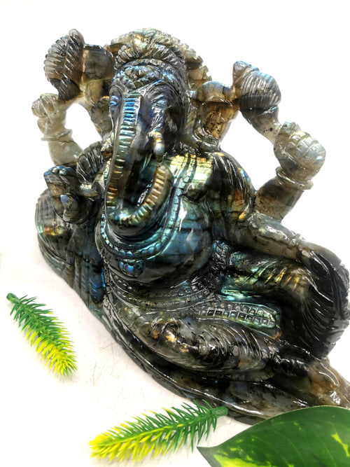Labradorite Handmade Carving of Ganesh with blue flash - Lord Ganesha in relaxing posture | Crystals and Gemstones - 8.5 inches and 2.34 kgs