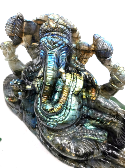 Labradorite Handmade Carving of Ganesh with blue flash - Lord Ganesha in relaxing posture | Crystals and Gemstones - 8.5 inches and 2.34 kgs