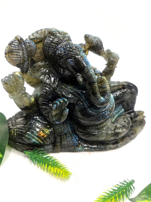 Labradorite Handmade Carving of Ganesh with blue flash - Lord Ganesha in relaxing posture | Crystals and Gemstones - 8.5 inches and 2.34 kgs