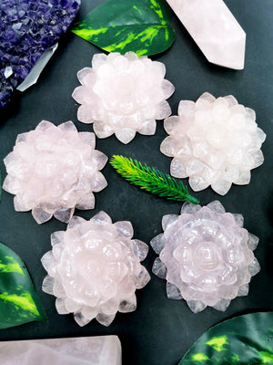 Beautiful rose quartz hand carved zinnia flower carving - crystal/gemstone carvings - 2.8inch and 100 gms (0.22 lb) - ONE PIECE ONLY