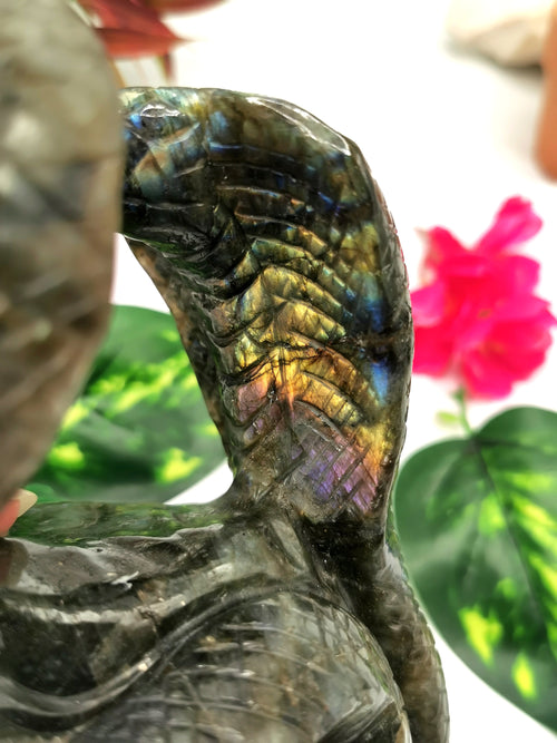 Unique carving of a pair of cobra snakes with raised hood in labradorite - crystal healing / chakra / reiki - 6 inches and 1.68 kg (3.70 lb) Animal carving